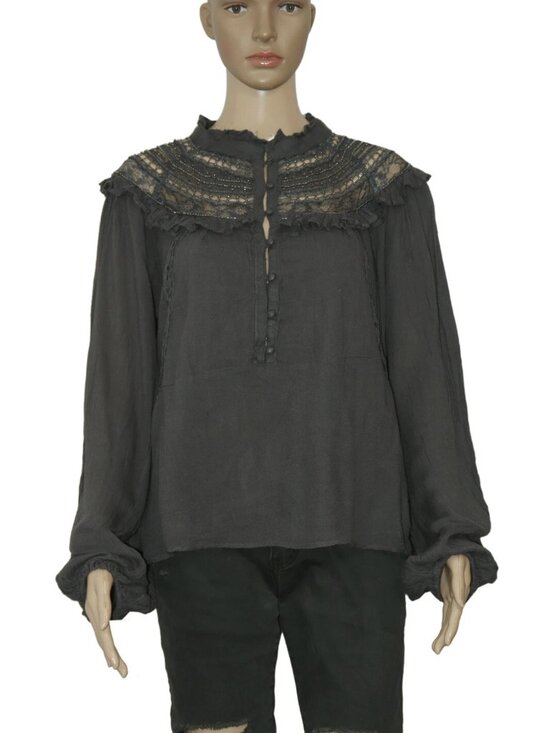 Anthropologie Tops - Anthropologie Lace Trim Beaded Button Long Sleeve Gray Ruffle Tunic Top L 12